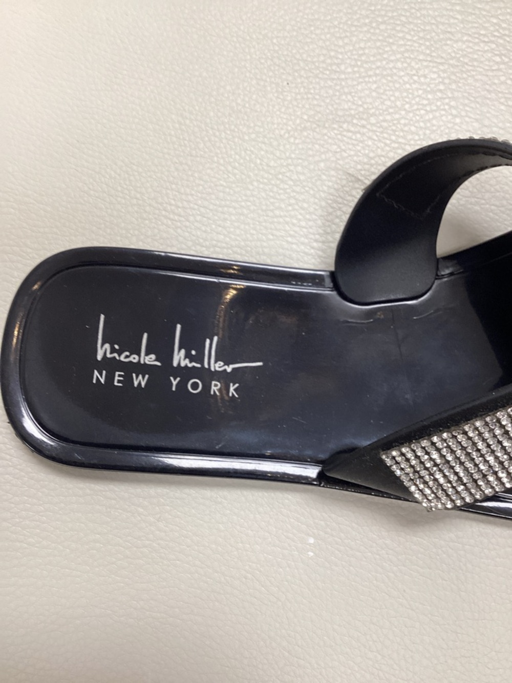 Nicole Miller Black Slide Mules with Crystal Cross Straps - Picture 5 of 5